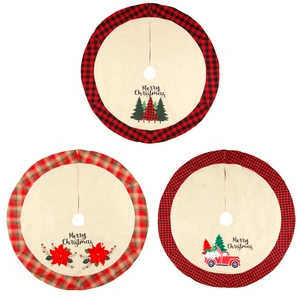 Three-piece burlap Christmas tree skirts with buffalo plaid borders and festive designs
