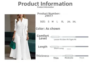 Detail view of white long sleeve belted top and wide leg trousers suit for business wear