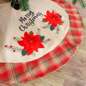 Rustic Burlap Christmas Tree Skirt Red Plaid Border Poinsettia Truck Tree Print Holiday Xmas Tree Base Home Decoration