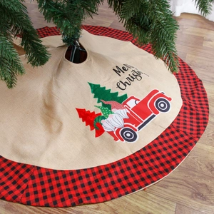 Linen Christmas tree skirt with buffalo plaid border and festive gnome truck pattern