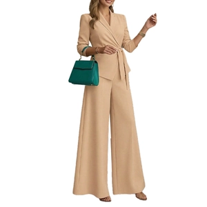 Women's 2-piece beige business suit with belted waist blazer and wide-leg trousers