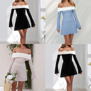 Damen Schulterfrei Glockenärmel Farbblock Schlank Passform Minikleid Kontrastkragen Ausgestellt Langarm Pendler Kurz Kleid