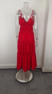 Detail of red tiered maxi dress featuring spaghetti straps and ruffled trim texture