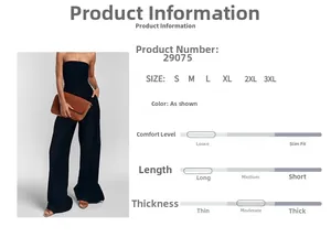 Detailed size chart for the black strapless wide-leg jumpsuit with fabric specifications
