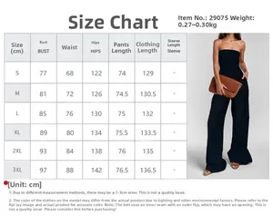 Size chart for chic strapless wide-leg jumpsuit with detailed bust and waist measurements