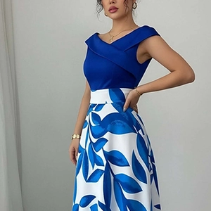 Elegant high-waist maxi dress with royal blue bodice and white floral print skirt