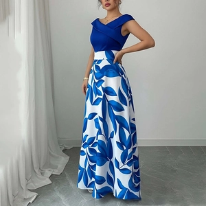 Elegant long dress with royal blue V-neck top and white floral printed maxi skirt