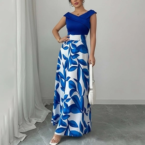 Women Elegant Patchwork Maxi Dress V-Neck Sleeveless High Waist Leaf Print A-Line Long Dress Vintage Bohemian Summer Dress