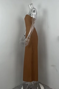 Side view of brown strapless jumpsuit in premium fabric on a clear mannequin