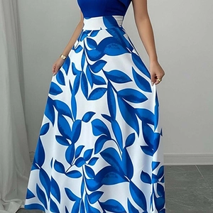 Elegant high-waist maxi dress with blue and white abstract leaf print for women