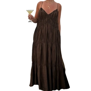 Elegant solid dark brown tiered maxi dress with thin straps and ruffled details