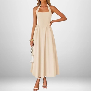 Elegant beige halter neck sleeveless midi dress with slim waist and A-line skirt