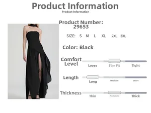 Size chart for black halter maxi dress showing slim fit and high slit detail