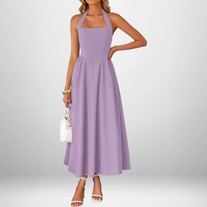 Elegant lavender halter neck maxi dress with slim fit waist and a stylish backless design