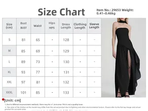Size chart for women's casual split maxi dress showing bust, waist, and length metrics