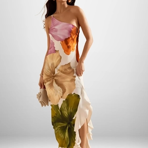Women's Elegant Floral Print One Shoulder Maxi Dress Ruffle Trim Slit Hem Sleeveless Asymmetric Summer Holiday Long Dress