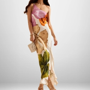 Floral one-shoulder off-white maxi dress with side ruffle slit for casual vacation style
