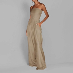 Sleeveless strapless wide leg jumpsuit in khaki with high waist and side pockets