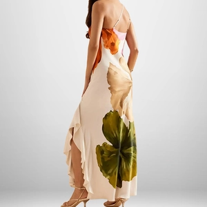 Floral print one-shoulder maxi dress with side slit and ruffled hem in cream silk fabric