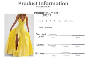 Detail view of a yellow backless maxi dress with side slit and size chart for fit