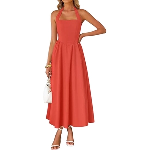Elegant red halter neck backless maxi dress with high waist design for women