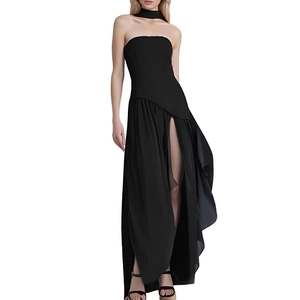 Elegant black strapless high-slit long dress with matching neckband and slim silhouette