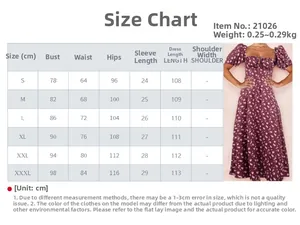 Detailed size chart for floral square neck dress including S-3XL measurements and specs