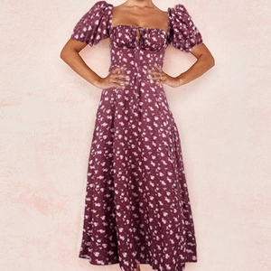 Close-up of fuchsia floral maxi dress with square neckline and delicate tie details