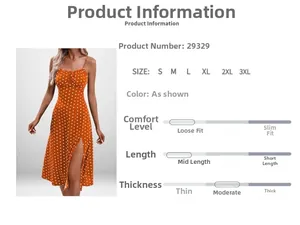 Détail de la robe longue orange à pois, coupe ajustée avec fente latérale haute et tailles S-3XL
