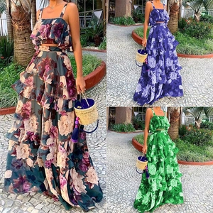 Tenue Top Et Jupe Femme Imprimé Floral Tropical Élégant Débardeur Court À Volants Jupe Maxi À Étages Taille Haute Robe Bohême
