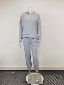 Front view of light grey hooded sweatshirt and matching sweatpants set on mannequin
