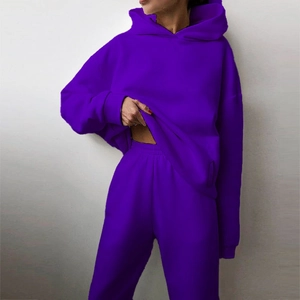 Detail view of electric purple oversized hoodie and matching joggers set in soft fleece