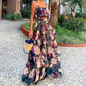 Damen Boho Blumenprint Urlaubsset Rüschen Camisole Top Und Gestufter Maxirock Top And Bottom Sommer Strandkleidung