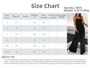 Detailed size chart for women's high-waisted wide-leg jumpsuit with bust and length guide
