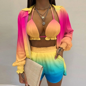 Three-piece ombre vacation set with halter bikini top, ruffled shorts and matching shirt