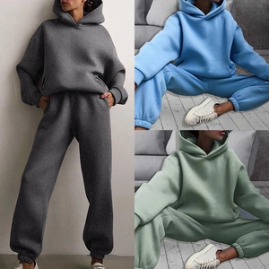 Women Casual Solid Color Hooded Sweatshirt And Long Pants Top And Bottom Fleece Warm Relaxed Fit Pullover Tracksuit