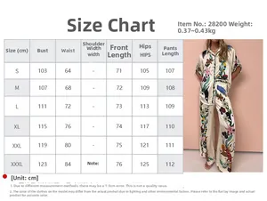 Detailed size chart for women's graffiti print lapel shirt and trousers casual set