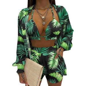 Women's 3-piece beach set featuring tropical leaf print bikini, shorts, and cardigan