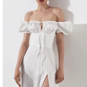French style white off-shoulder puff sleeve dress with a corset waist and side slit