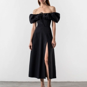 Women French Style Off Shoulder Puff Sleeve Dress Solid Color Lace Up Split Corset Waist Elegant Summer Vacation Midi Dress