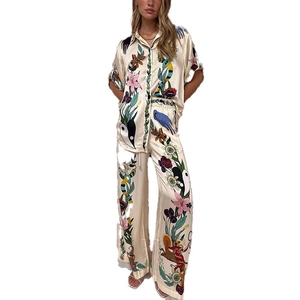 Retro floral print two-piece set with short sleeve lapel shirt and wide leg trousers