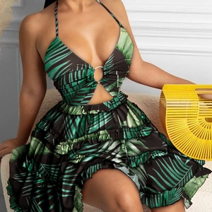 Tropical palm leaf print halter dress with hollow ring detail and layered ruffles