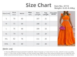 Size chart for two-piece orange ruffle top and tiered maxi skirt set, S to 3XL