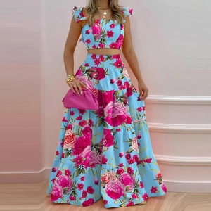 Floral print two-piece set with ruffled camisole crop top and tiered high-waist maxi skirt