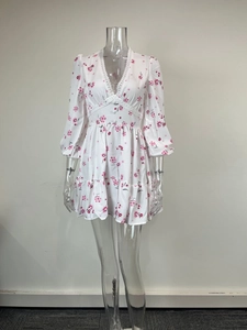Detail of V-neck floral mini dress with white lace trim and puffy sleeves