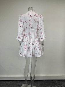 Detail view of floral mini dress back with lace hollow waist and invisible zipper