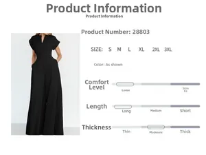 Detail view of V-neck jumpsuit showing short sleeves and loose wide-leg design