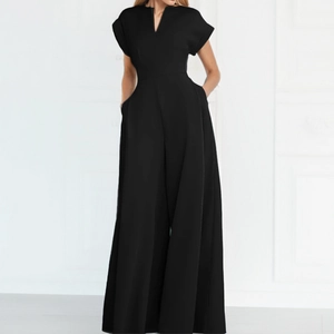 Elegant black high-waisted wide-leg jumpsuit with deep V-neck and short sleeves for women