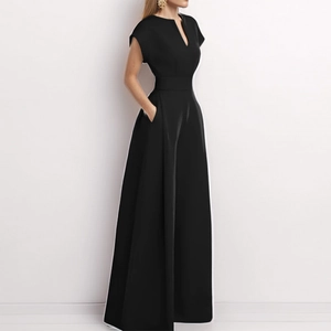 Side view of elegant black V-neck sleeveless jumpsuit with high waist and wide leg cut