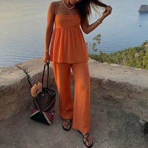 Completi Resort da Donna Tinta Unita Rosso Arancio Spalline Sottili Arricciato Canotta e Pantaloni a Gamba Larga Casual
